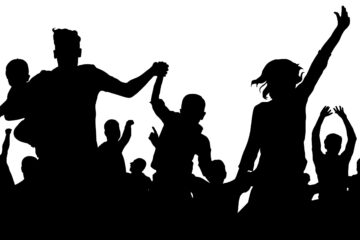 Celebration people silhouette. Crowd concert party audience. Soccer cheer fan goal. Cheerful crowd vector